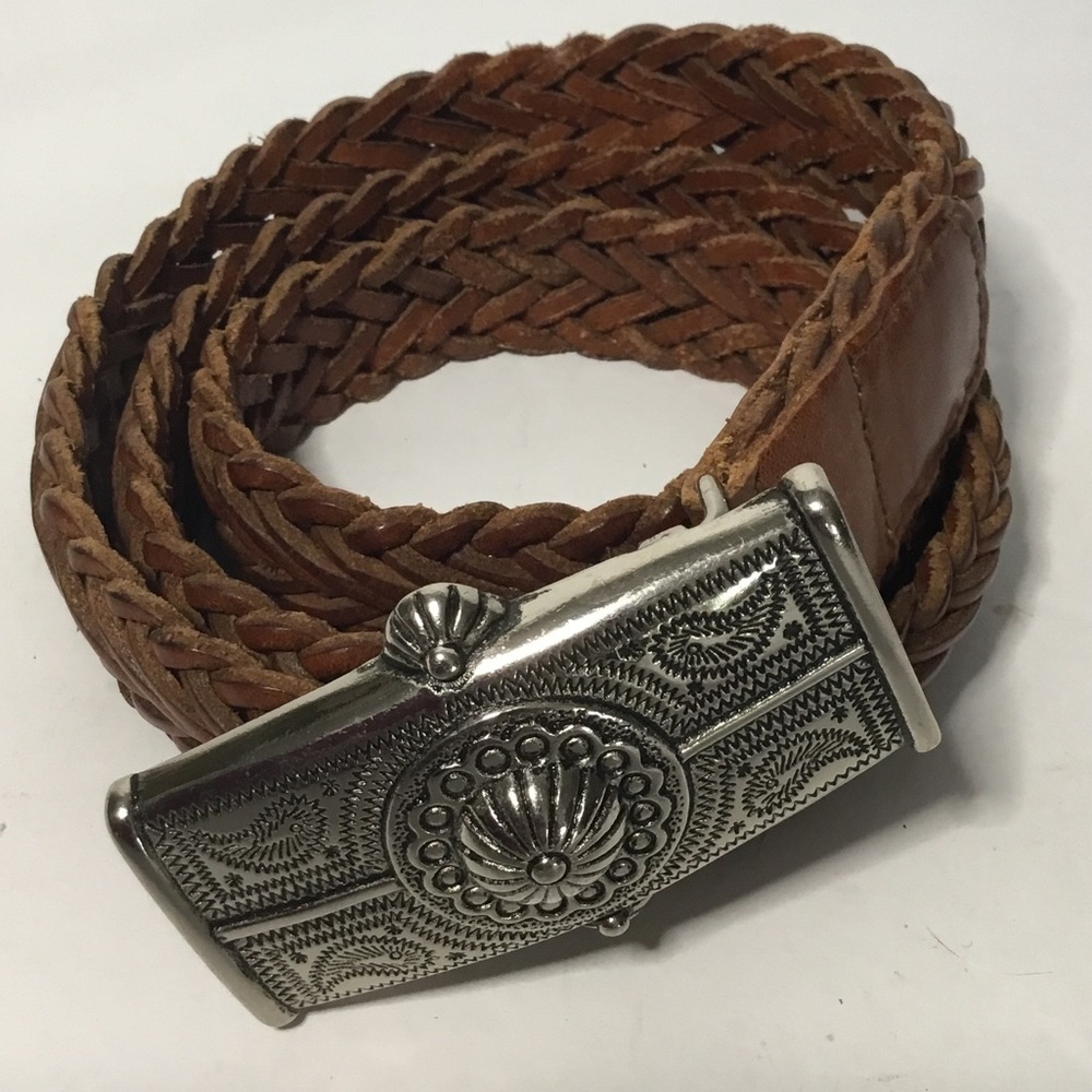 The Limited Women’s Brown Woven Genuine Leather Belt With Silver Buckle Sz L EUC